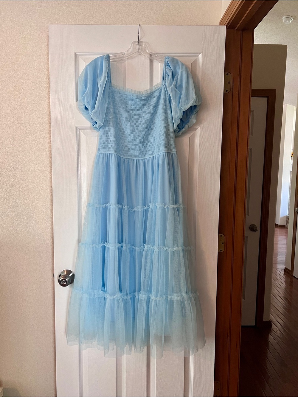 Light Blue Tulle Puff-Sleeve Bridesmaid Dress